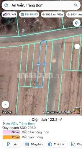 Bán Gấp Lô Đất 122m2 có 100m2 Thổ Cư Đường Nhựa Gần KCN Giang Điền