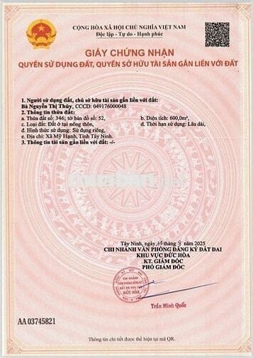 Đất thổ cư 600m2 một xec tỉnh lộ 824 xã Mỹ Hanh nam