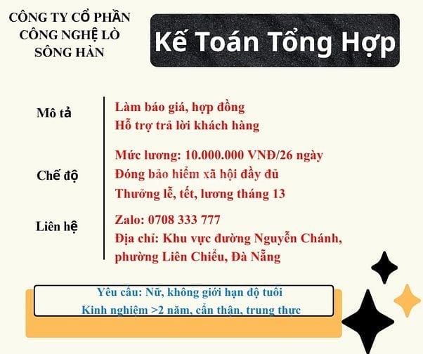 Công ty cổ phần Lò Sông Hàn tuyển Kế toán tổng hợp 