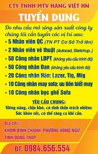 Công ty Hàng Việt cần tuyển các vị trí sau:
