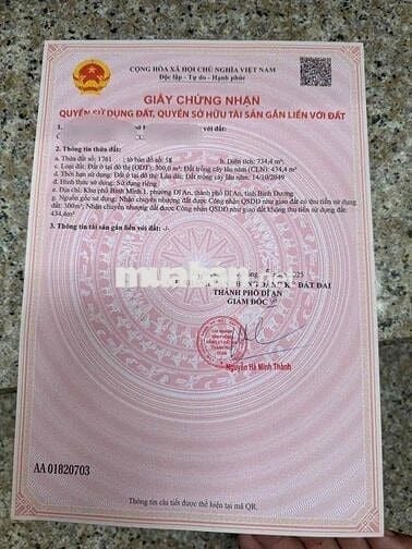 bán đất dt 734 m ngang 13 m dài 56 m ,cách  chợ dĩ an 150 m