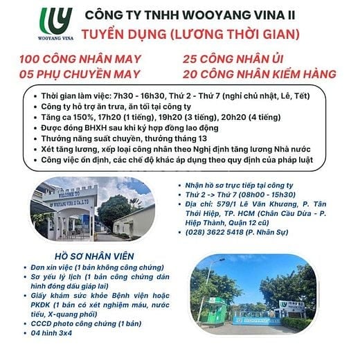 [Quận 12 cũ] Công ty Wooyang Vina II cần tuyển 