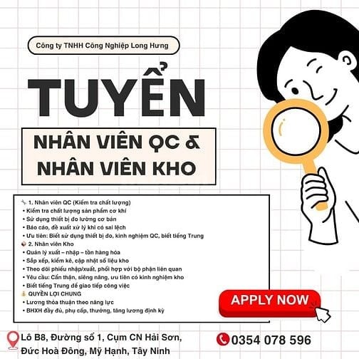 TUYỂN NHÂN VIÊN QC & NHÂN VIÊN KHO BIẾT TIẾNG TRUNG