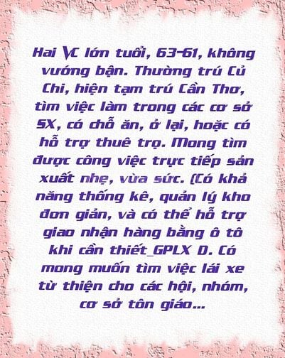 2 VC lớn tuổi tìm việc làm, có chỗ ăn, ở lại.