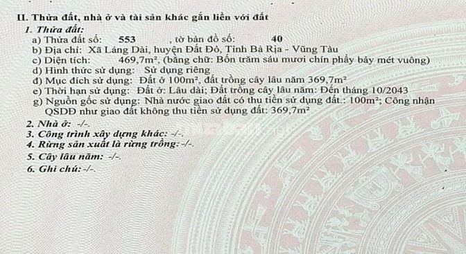 BÁN ĐẤU GIÁ TS VIB L9_XÃ LÁNG DÀI, ĐẤT ĐỎ, BRVT, NAY LÀ TPHCM