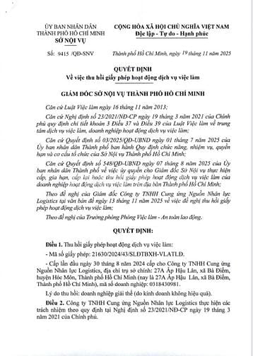 Bố cáo quyết định thu hồi giấy phép hoạt động dịch vụ việc làm