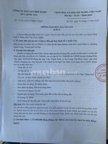 CÔNG TY ĐẤU GIÁ HỢP DANH SỐ 1 QUỐC GIA THÔNG BÁO BÁN ĐẤU GIÁ TÀI SẢN 