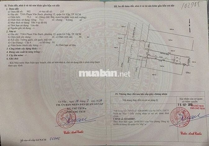 Nhà cấp 4 mặt tiền Phạm Văn Bạch, Quận GV. Diện tích: 3,7 x 21,98 m.