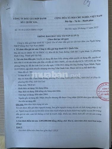 CÔNG TY ĐẤU GIÁ HỢP DANH SỐ 1 QUỐC GIA THÔNG BÁO BÁN ĐẤU GIÁ TÀI SẢN