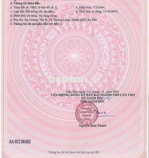 Cần bán gấp 1.724 m2 Đất xã Trường Long, Cần Thơ