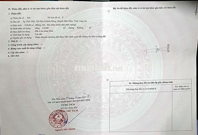 Đất thổ cư full 218m² – Sổ riêng – Hòa Khánh Đông, Đức Hòa