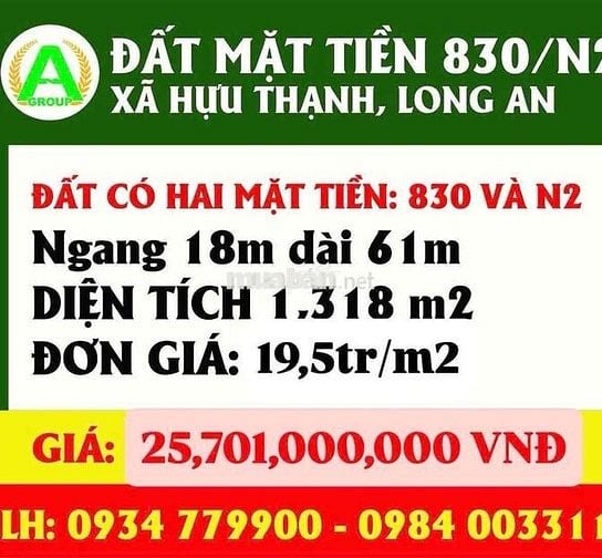 BÁN ĐẤT 2 MẶT TIỀN ĐƯỜNG 830 & N2 – XÃ HỮU THẠNH, LONG AN
