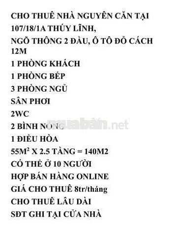 CHO THUÊ NHÀ NGUYÊN CĂN TẠI  107/18/1A THÚY LĨNH,