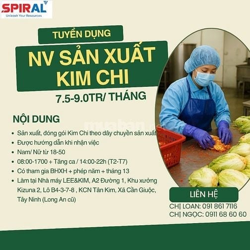 TUYỂN GẤP 50 NAM/NỮ SẢN XUẤT KIM CHI TẠI KCN TÂN KIM, LONG AN
