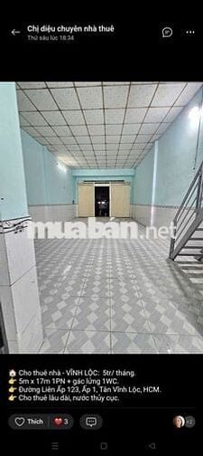 Nhà Thuê 5×17 Gác lửng Ấp 1 Đường võ văn vân Vĩnh Lộc B bình chánh