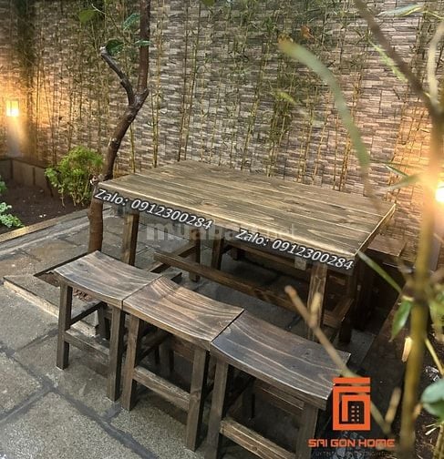 Bàn Ghế Gỗ Thông 1M2 x 70 x 75 + 4 Đôn (Hàng Mới- Giá Xưởng)