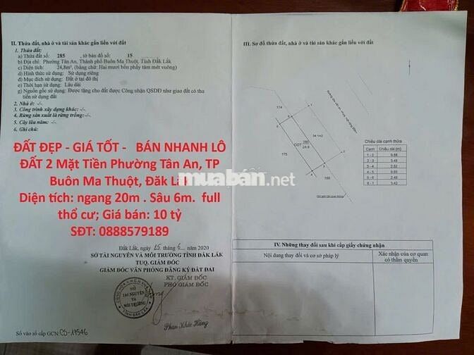 BÁN NHANH LÔ ĐẤT 2 Mặt Tiền Phường Tân An, TP Buôn Ma Thuột, Đăk Lăk
