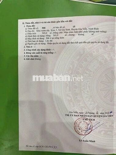 2 LÔ ĐẤT ỐP LƯNG VÀO NHAU Xóm 5,xã Gia Sinh,huyện Gia Viễn,NINH BÌNH