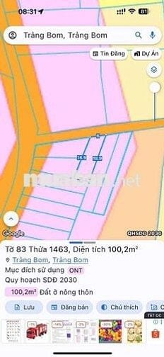 Đất Thổ Cư Ấp 2 Sông Trầu 100m2, 6x17m, 750tr full thổ cư