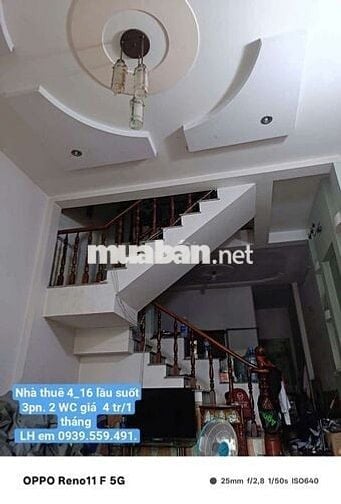 Nhà thuê 4×16 lầu suốt 3 pn. 2 w. Đường lại Hùng Cường vlb vào 2/