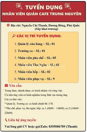 Quán cafe Trung Nguyên Dương Đông, PQ cần tuyển nhiều vị trí
