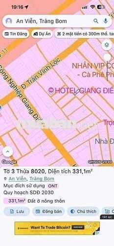 cần bán 331m2 ngay kcn Giang Điền.phù hợp xây trọ,nhà nghỉ hay đầu tư