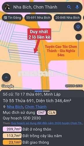 BÁN GẤP LÔ ĐẤT NGAY CHỢ MINH LẬP MẶT TIỀN 20M ĐƯỜNG NHỰA