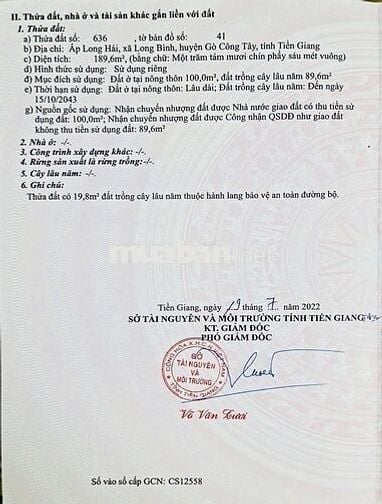 CHÍNH CHỦ BÁN ĐẤT THỔ CƯ TẠI XÃ LONG BÌNH, GÒ CÔNG TÂY TIỀN GIANG