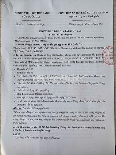 CÔNG TY ĐẤU GIÁ HỢP DANH SỐ 1 QUỐC GIA THÔNG BÁO BÁN ĐẤU GIÁ TÀI SẢN