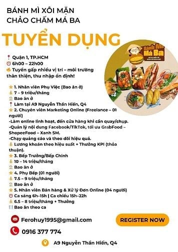 TUYỂN DỤNG – BÁNH MÌ XÔI MẶN CHẢO CHẤM MÁ BA