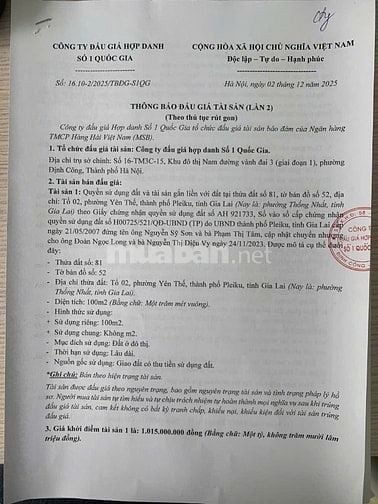 CÔNG TY ĐẤU GIÁ HỢP DANH SỐ 1 QUỐC GIA THÔNG BÁO BÁN ĐẤU GIÁ TÀI SẢN