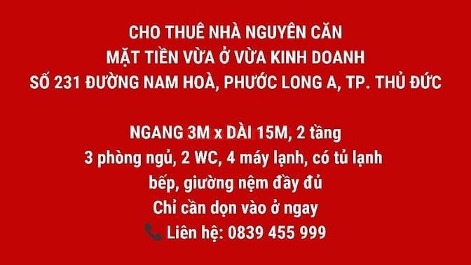 CHO THUÊ NHÀ NGUYÊN CĂN – MẶT TIỀN 231 NAM HOÀ, PHƯỚC LONG A, Q.9
