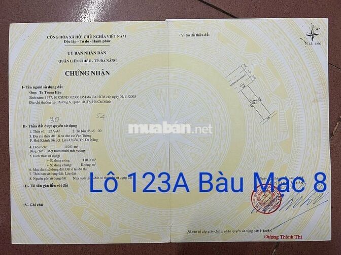 Chính chủ gửi bán lô đất MT Bàu Mạc 8, P Hoà Khánh.Đà Nẵng