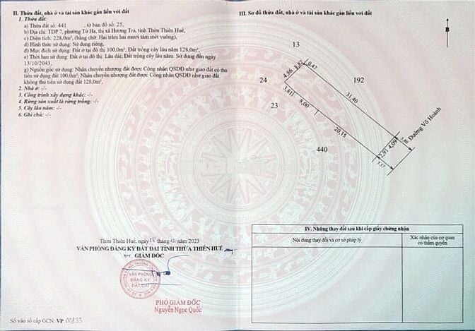 Loại đất ở (sổ đỏ mới cấp ), DT 228m2, đường Võ Hoành -Tứ Hạ Hương Trà