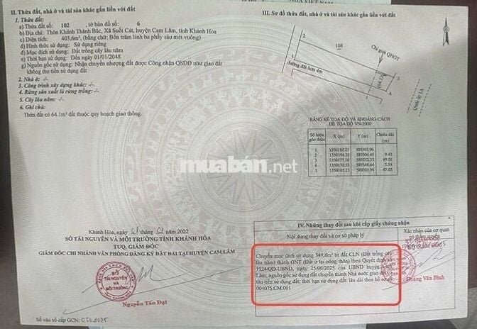 Đất 3 mặt tiền QL1A xã Suối Dầu, Khánh Hoà