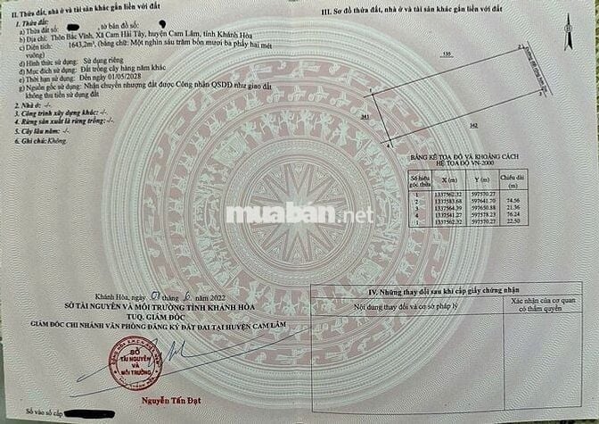 Đất sổ đỏ 1643,2m2 Cam Hải Tây, Cam Lâm, Khánh Hoà giá cực tốt 4.5 tỷ