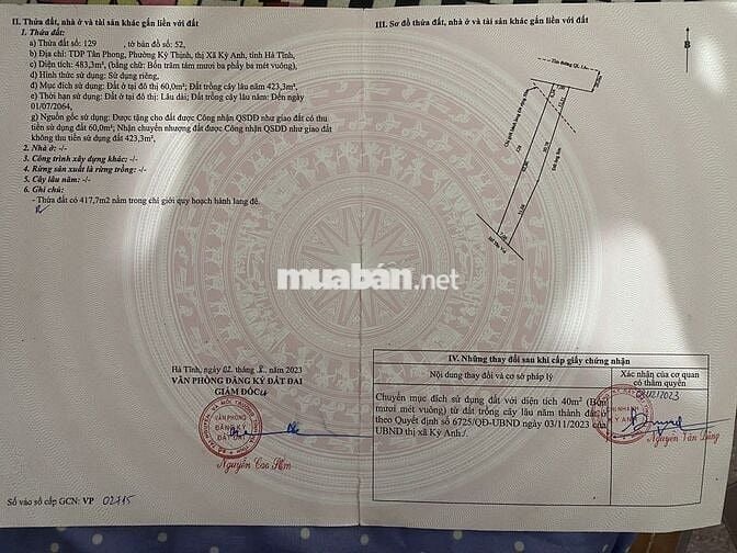 Cần Bán đất nền thổ cư 100m2 trục đường Lê Thái Tổ ,Thị xã Kỳ Anh