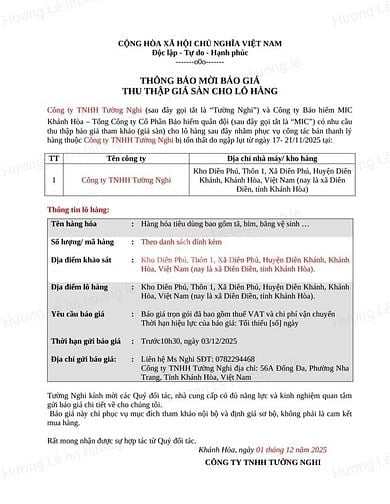 THÔNG BÁO MỜI BÁO GIÁ THU THẬP GIÁ SÀN CHO LÔ HÀNG