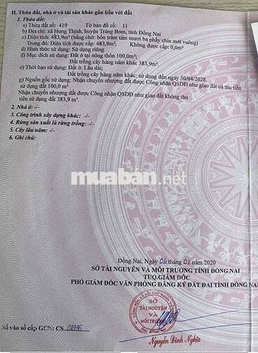 Đất đẹp xuất sắc tại xã Hưng Thịnh, Đồng Nai. DT: 483,9 m2, giá: 3 tỷ