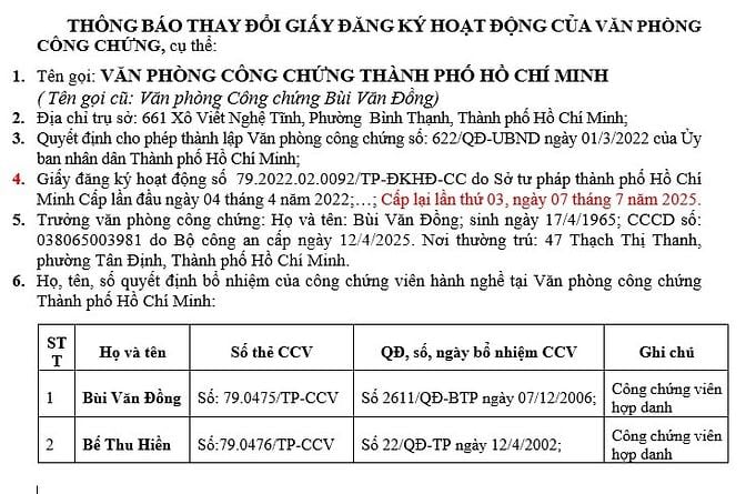 Thông báo thay đổi  giấy đăng ký hoạt động VPCC  Hồ Chí Minh