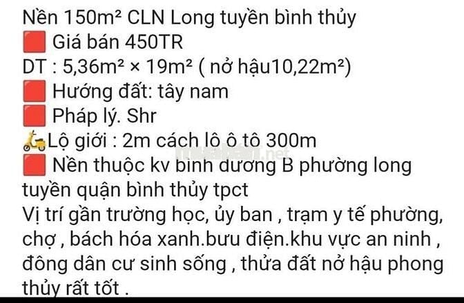 150m2 đất CLN - chính chủ - cách ubnd phường Long tuyền TPCT 800m