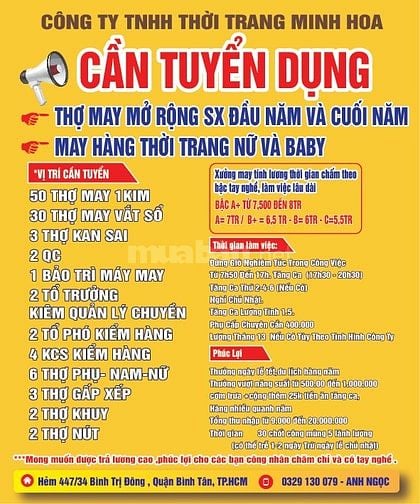 Cty THỜI TRANG MINH HOA CẦN TUYỂN: thợ may 1kim, vắt sổ, kan sai