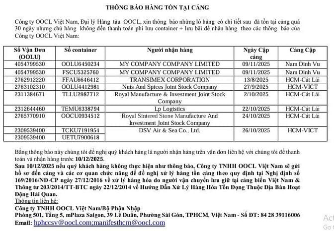 Đại lý Hãng  tàu  OOCL THÔNG BÁO HÀNG TỒN TẠI CẢNG