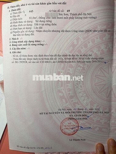 Bán gấp lô đất  thổ cư 100% đẹp tại xã xã Minh Phú, Sóc Sơn, Hà Nội