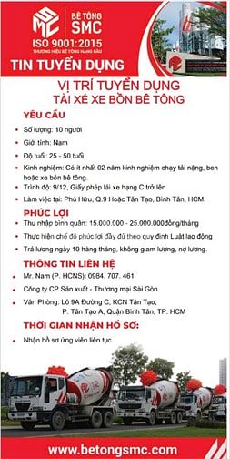 TUYÊN 10 LÁI XE BỒN CHỞ BÊ TÔNG