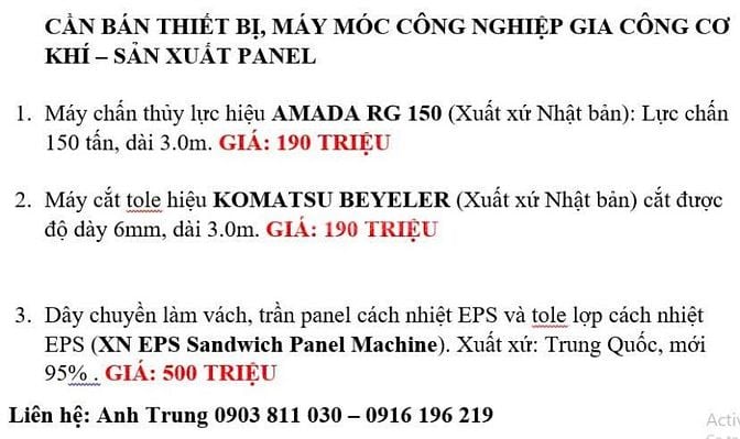 CẦN BÁN THIẾT BỊ, MÁY MÓC CÔNG NGHIỆP GIA CÔNG CƠ KHÍ – SẢN XUẤT PANEL