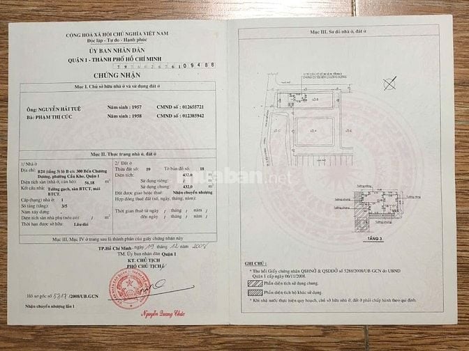BÁN CĂN HỘ CHUNG CƯ 518 VÕ VĂN KIỆT, PHƯỜNG CẦU KHO, QUẬN 1