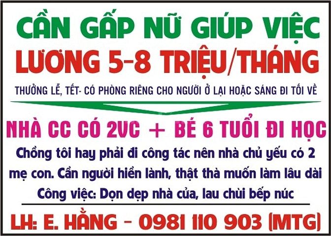 Gia đình Cần tuyển 1 nữ giúp việc nhà chung cư, LƯƠNG CAO 56068293 Gia đình Cần tuyển 1 nữ giúp việc nhà chung cư, LƯƠNG CAO