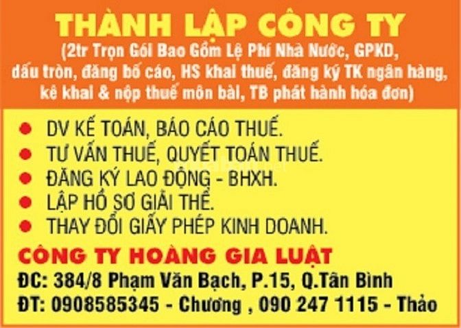 Công ty Hoàng Gia Luật tư vấn thuế, thành lập DN, báo cáo thuế 56295902 Công ty Hoàng Gia Luật tư vấn thuế, thành lập DN, báo cáo thuế