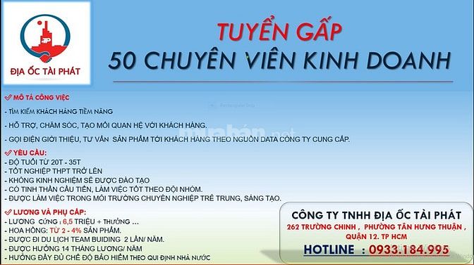 Tuyển Nhân viên kinh doanh BĐS Quận 12/ HH >30Tr /SP . Nhận việc ngay 56316084 Tuyển Nhân viên kinh doanh BĐS Quận 12/ HH >30Tr /SP . Nhận việc ngay
